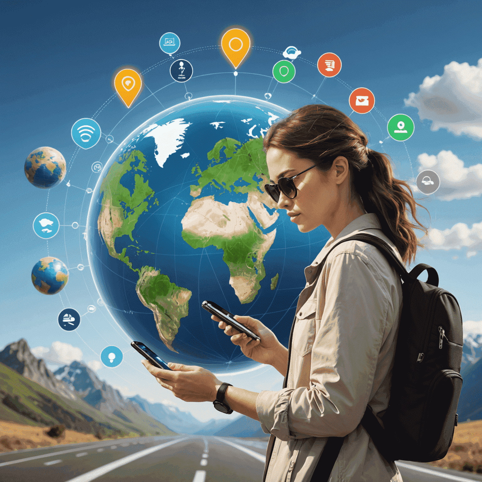 Illustration of a traveler using a smartphone with 5G connectivity, showing fast download speeds and reliable connection in various travel destinations around the world