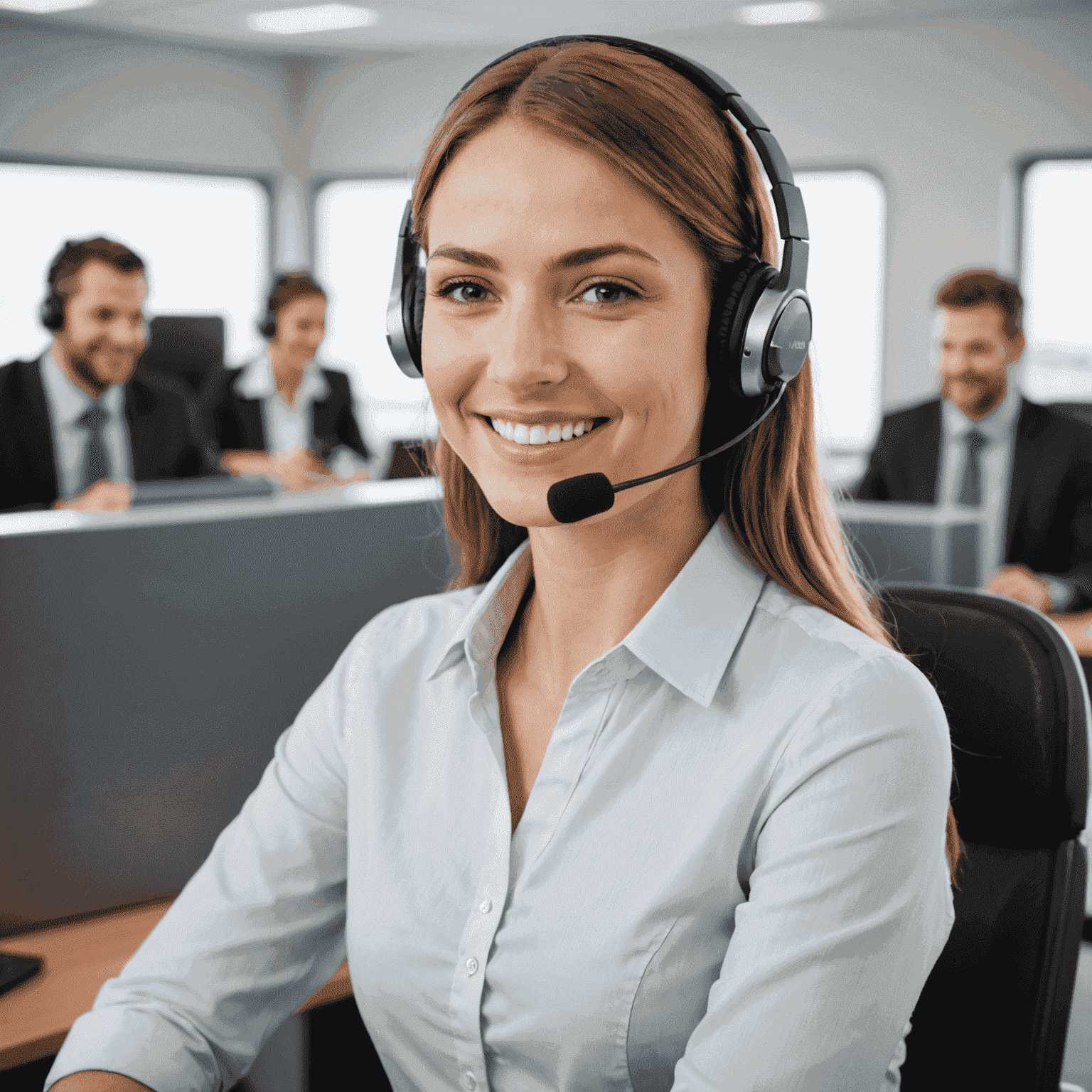 A friendly customer support representative wearing a headset, smiling and ready to assist customers 24/7 with any questions or issues related to the company's travel mobile and internet services.